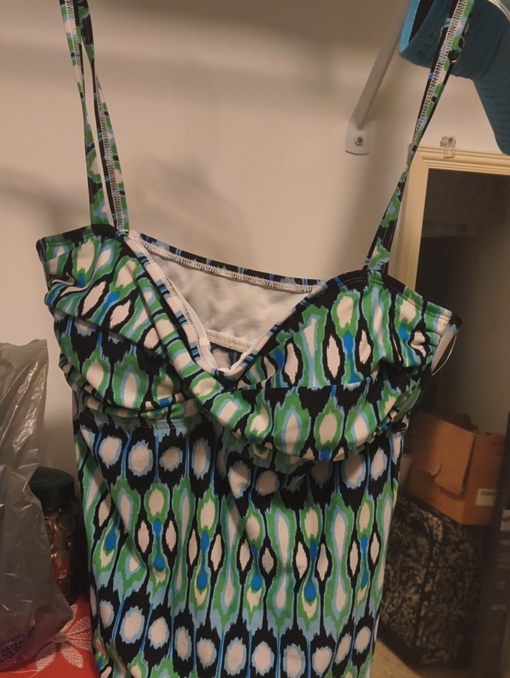 Women’s Swim Tankini Top in Green and Blue Ikat Print